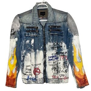 Rockstar Denim Graffiti Jacket Men’s Size Large Full Zip Pockets Distressed